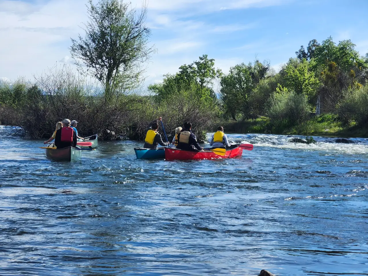 Canoes navigating a lively stretch of the San Joaquin River between green banks
