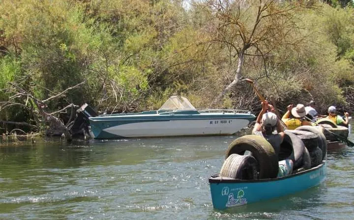 A canoe loaded with tires pulled from the river, paddled back toward the bank